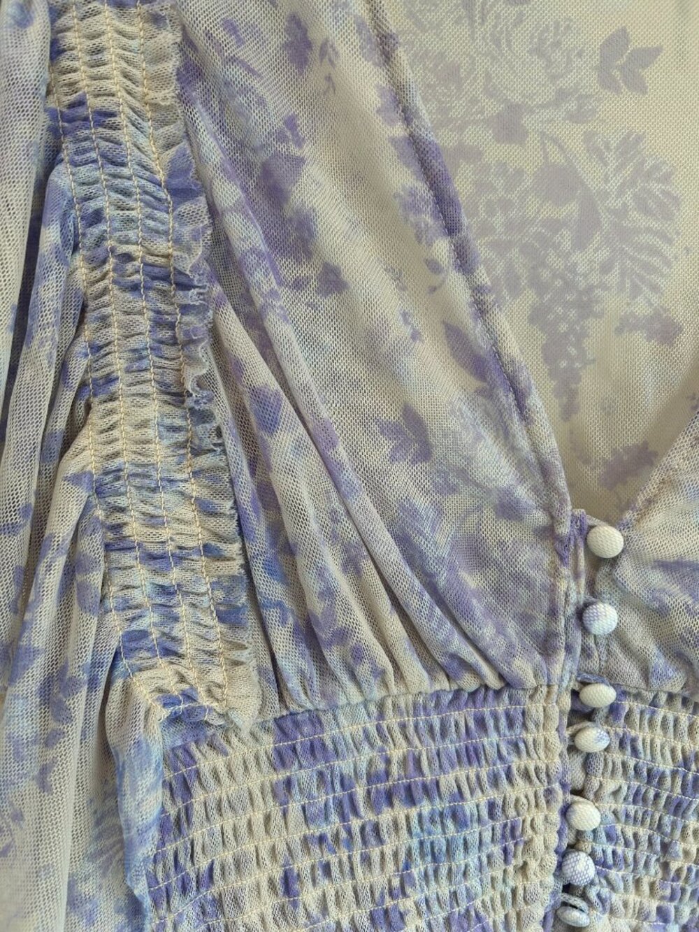 Free People Sugar Top Blue Floral Sheer Ruffle Crop Boho‎ Romantic Blouse M - Picture 4 of 9